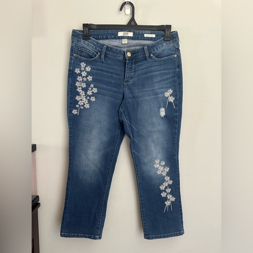Vintage America Boho Crop Stretch Jeans Floral Embroidered Blue Size 27